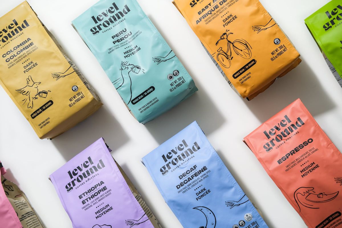 Level Ground coffee bags in a row: Colombia, Peru, East Africa, Ethiopia, Decaf and Espresso